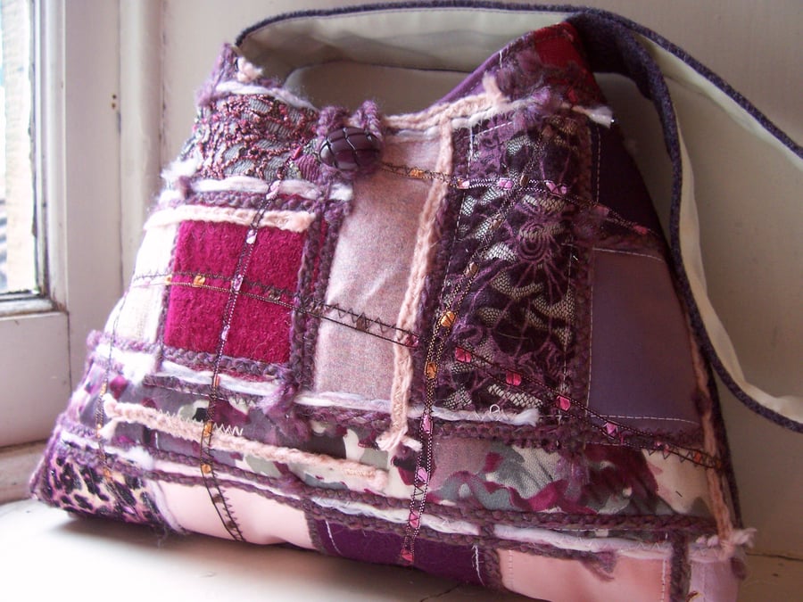 Soft textile shoulder bag in pink, plum and purple - Brora