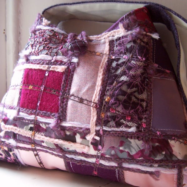 Soft textile shoulder bag in pink, plum and purple - Brora