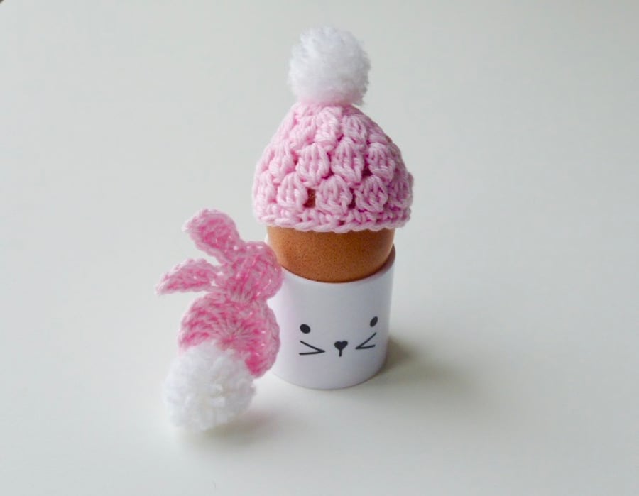 Egg cosy and bunny, pink egg cosy, crochet egg cosy with a rabbit