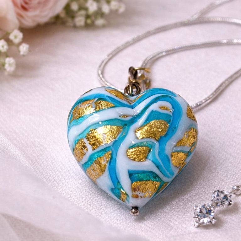 Genuine Italian Murano Glass Heart Necklace – Blue & White with Gold Leaf