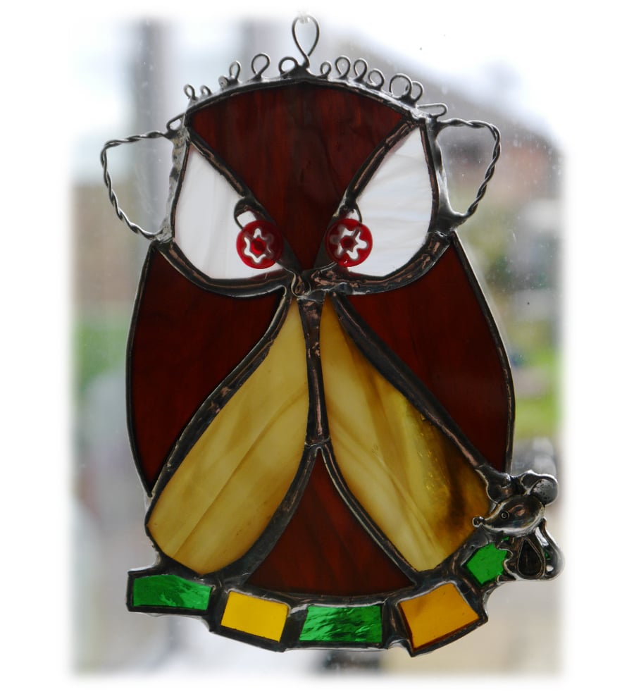 Owl Suncatcher Stained Glass Handmade Bird Too Wit Too Woo 025