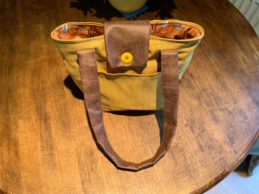 Mustard Tweed Handbag. Lewis and Irene fabric lining. Two Pockets.
