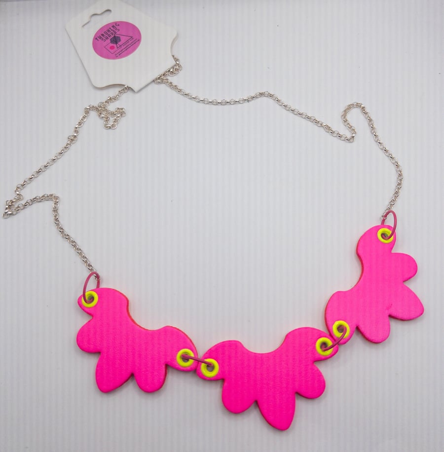 Neon Flower bib necklace. Acid pink and orange -sterling silver chain