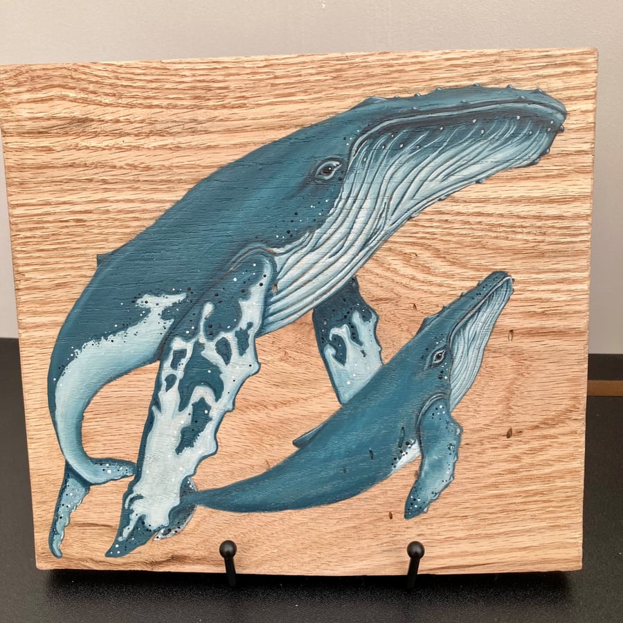 Humpback whale mother and baby original painting on oak