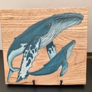 Humpback whale mother and baby original painting on oak
