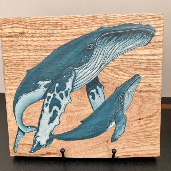 Humpback whale mother and baby original painting on oak