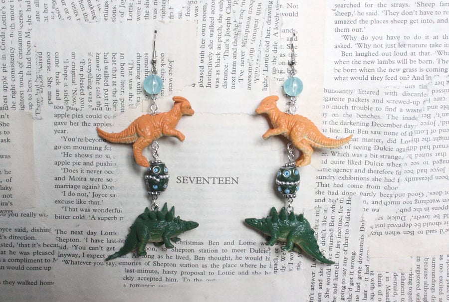 Orange and Green Dinosaur Toy Statement Dangle Earrings