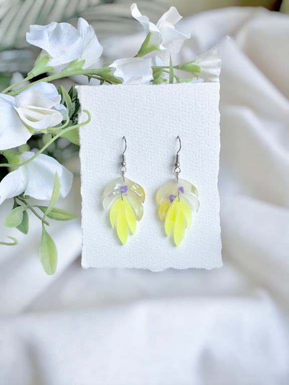 Yellow Acrylic Sunshine Leaf Earrings - Layered Translucent Ombre Dangles