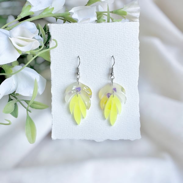 Yellow Acrylic Sunshine Leaf Earrings - Layered Translucent Ombre Dangles