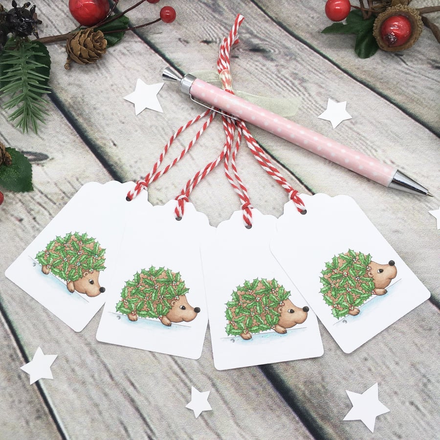 Christmas Holly Hedgehog Gift Tags - set of 4 tags
