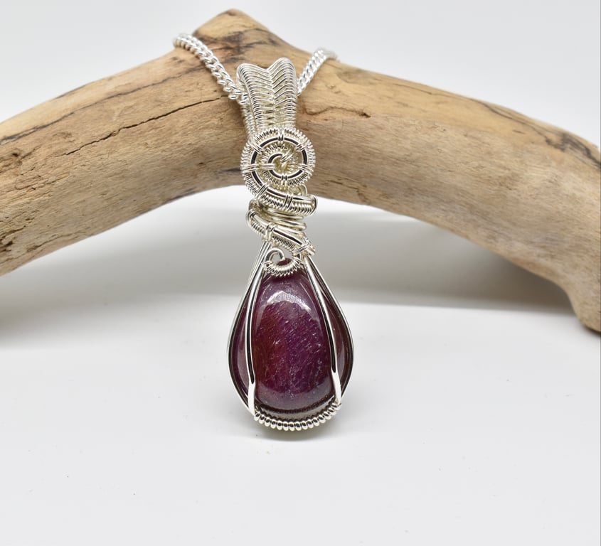 Ruby and Silver Wire Wrapped and Woven Pendant