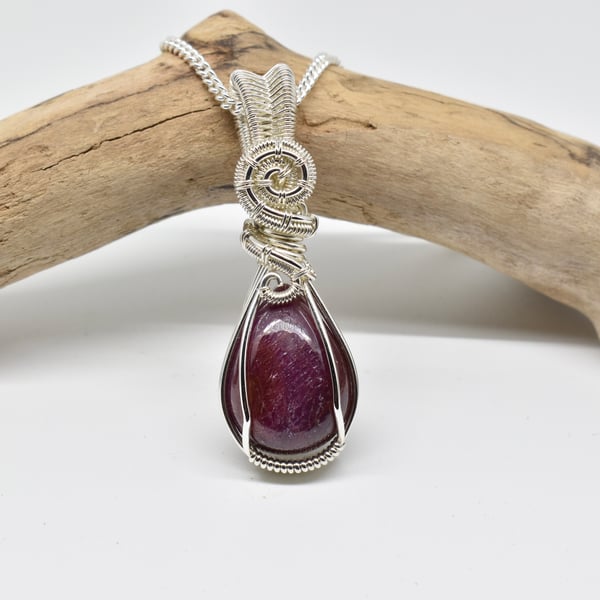 Ruby and Silver Wire Wrapped and Woven Pendant