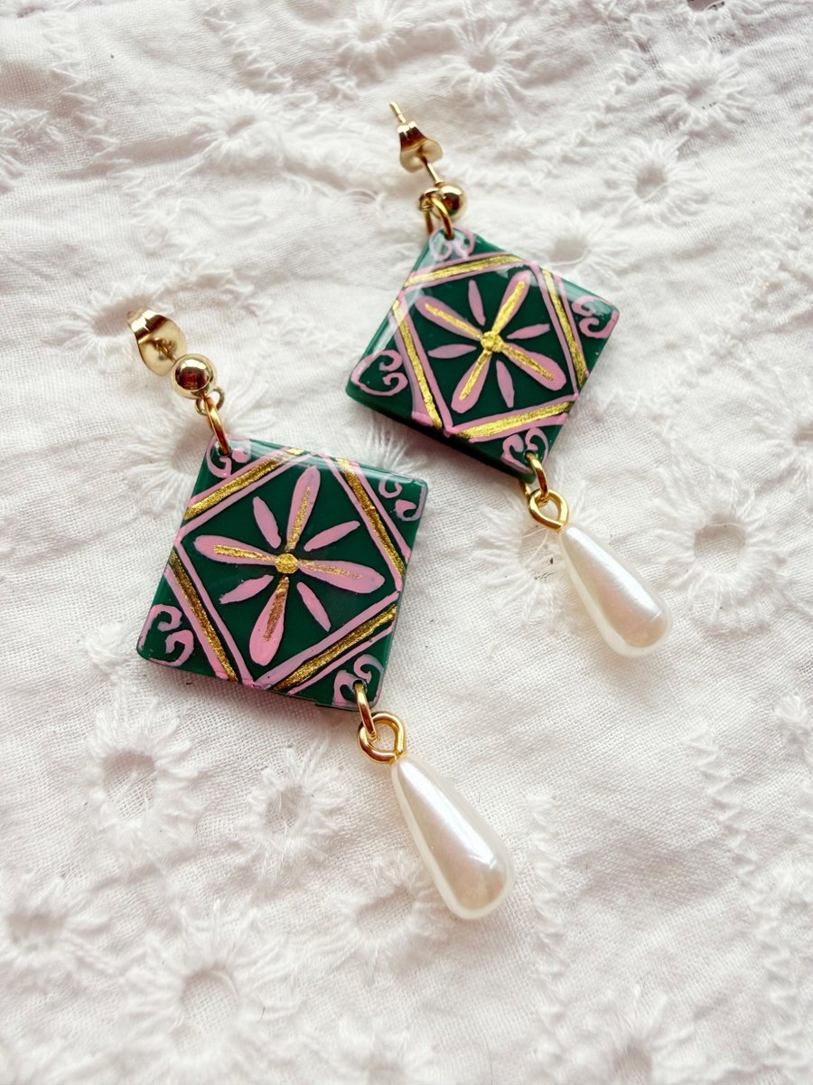Emerald Green Ornate Pink Floral Tile Statement Earrings