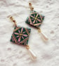 Emerald Green Ornate Pink Floral Tile Statement Earrings