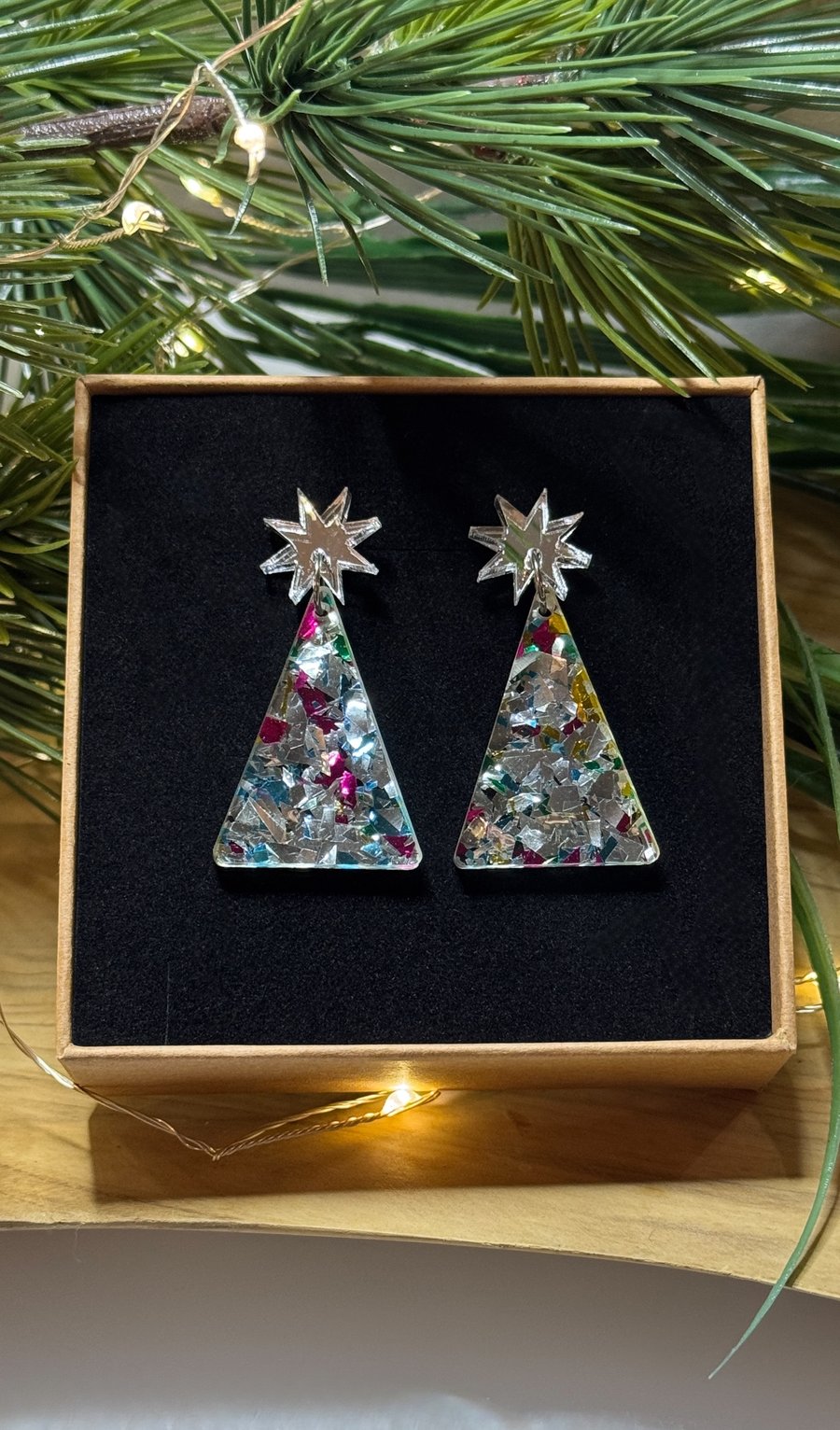 Geometric Christmas Tree Acrylic Earrings -silver