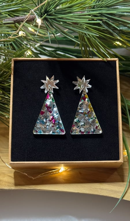 Geometric Christmas Tree Acrylic Earrings -silver