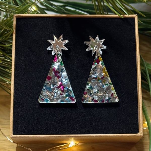 Geometric Christmas Tree Acrylic Earrings -silver