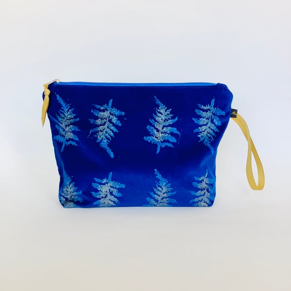 Velvet Makeup Bag - cobalt blue with fern motif