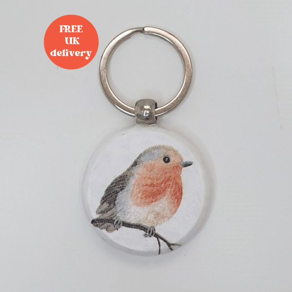 Robin keyring, wooden gift for a bird lover , free postage 
