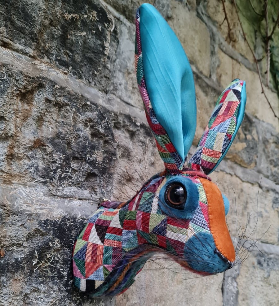 Faux hare head wall mount in colourful circus style fabric