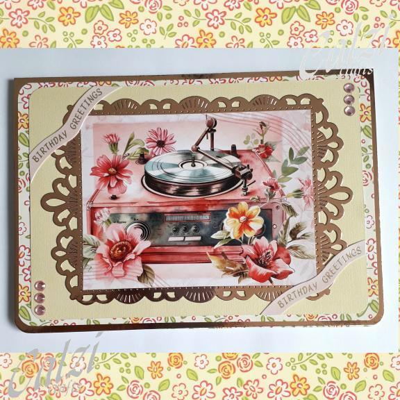 Vintage Record Player Floral Birthday Card