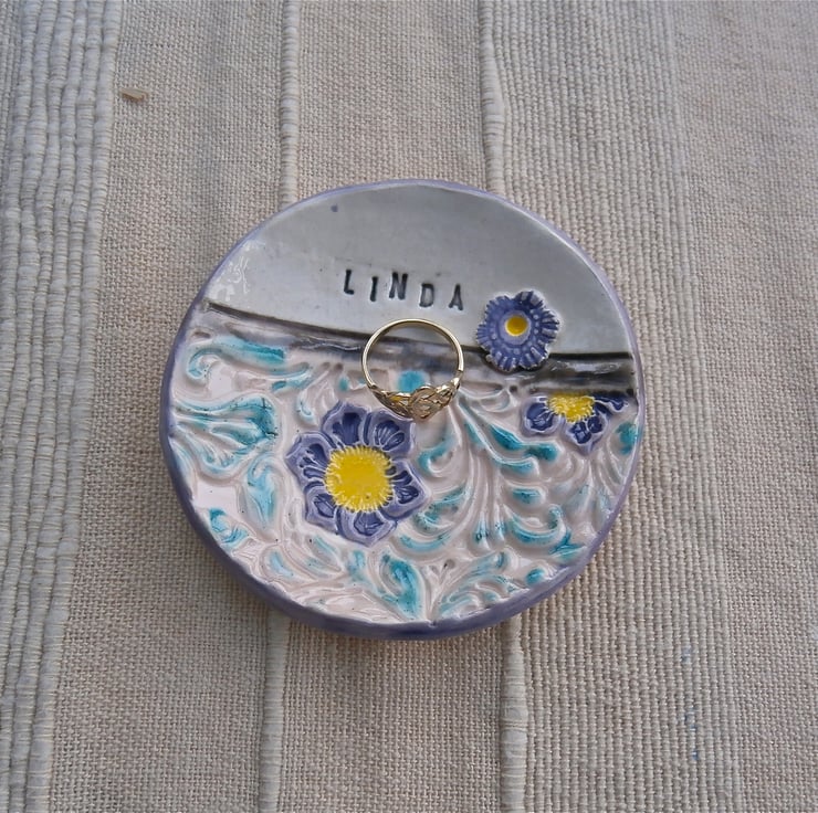 Flower ring dish, personalised ceramic tealight... Folksy