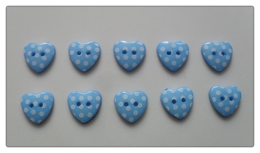 30 x 2-Hole Resin Buttons - Polka Dot - Heart - 15mm - Blue 
