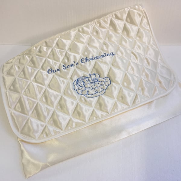 Christening Keepsake, Quilted and Embroidered Satin Case, Our Daughter, Our Son.