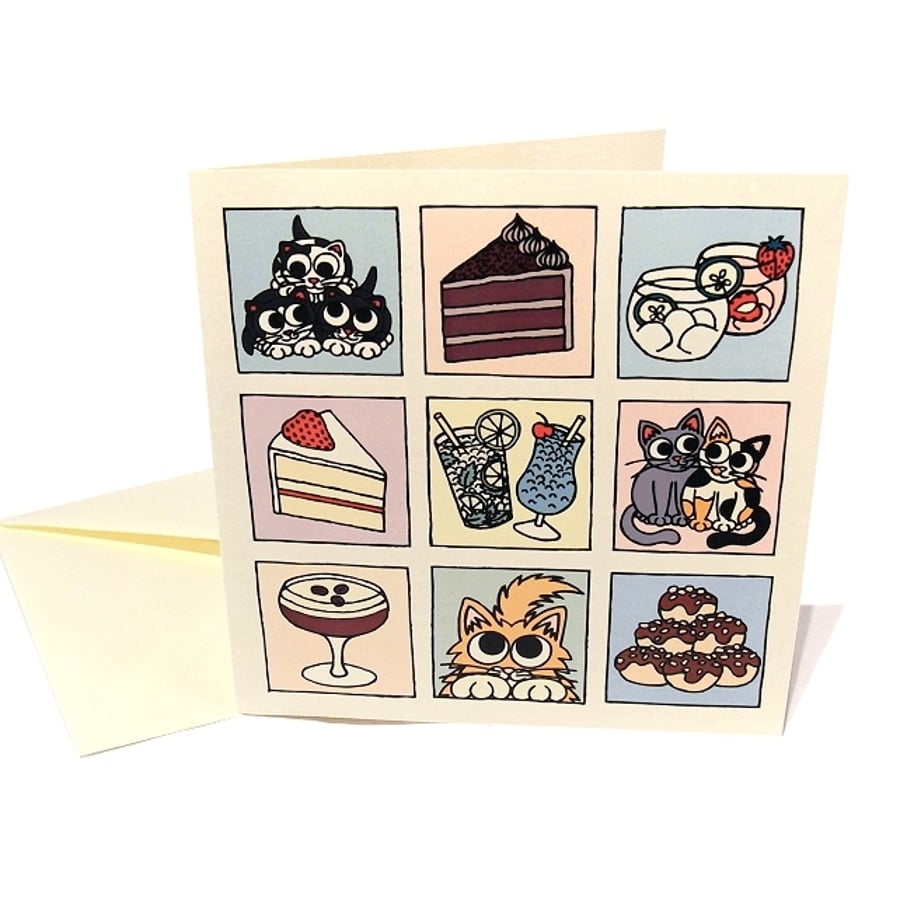 Cats, Cake and Cocktails Card - cute card suitable for birthday. CQ-CCC