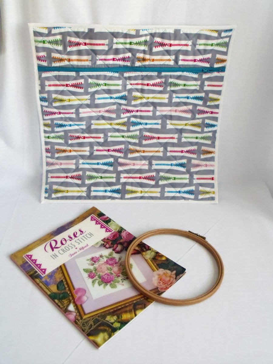 large quilted project pouch for embroidery or small craft projects, zip print