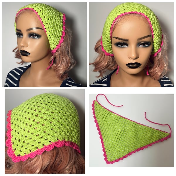 Crochet Bandana Handmade Neon Green Pink Festival Headscarf Boho Hair Wrap Y2K