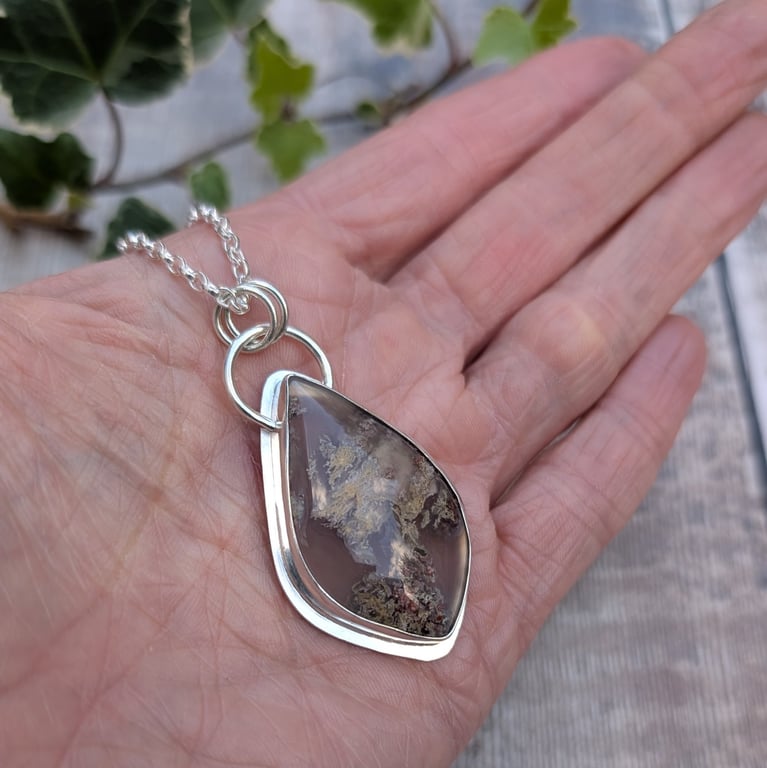 Sterling Silver Garden Moss Agate Statement Gemstone Necklace - JBJ2079
