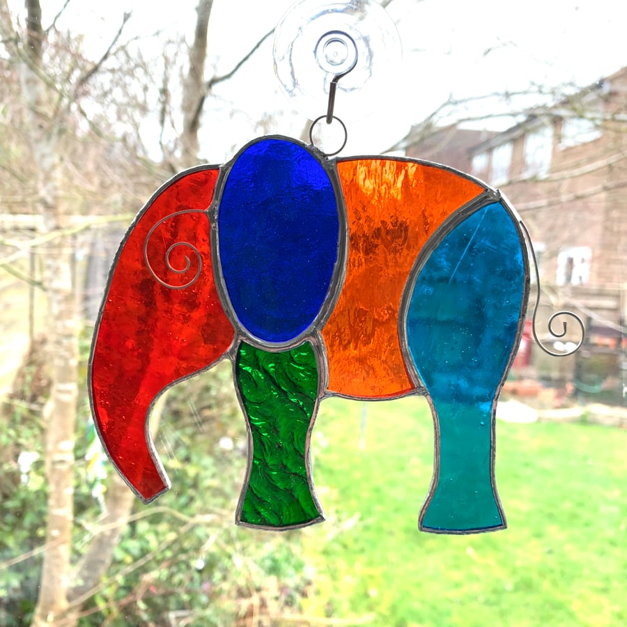 Stained Glass Large Elephant Suncatcher - Handmade Hanging Decoration - Multi 
