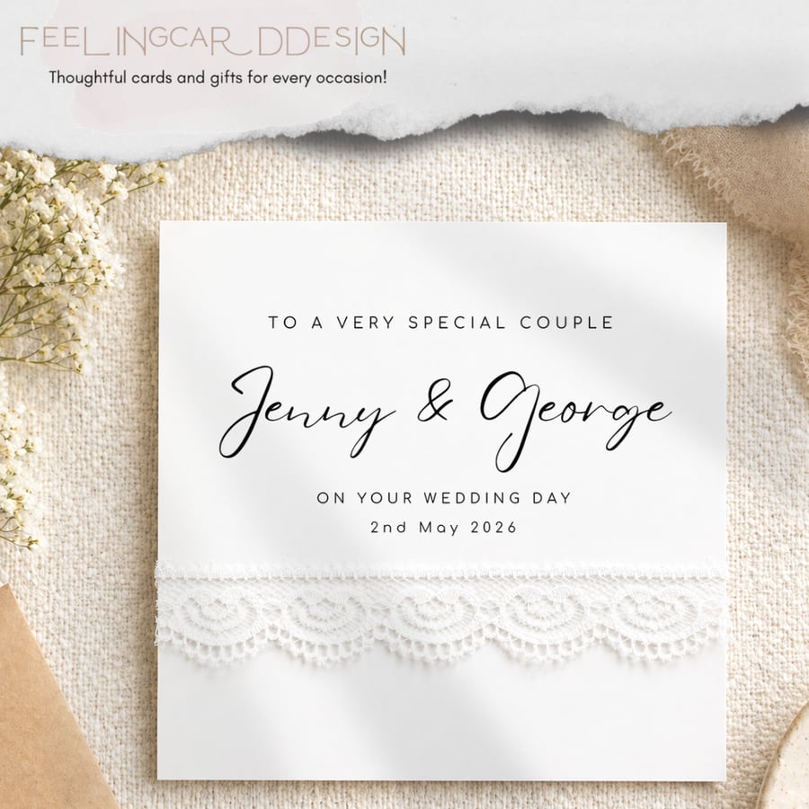 Personalized Lace Wedding Card – Custom Names, Date Keepsake for Couple