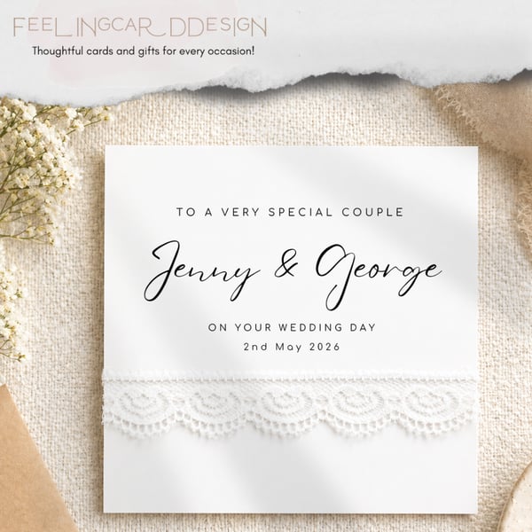 Personalized Lace Wedding Card – Custom Names, Date Keepsake for Couple