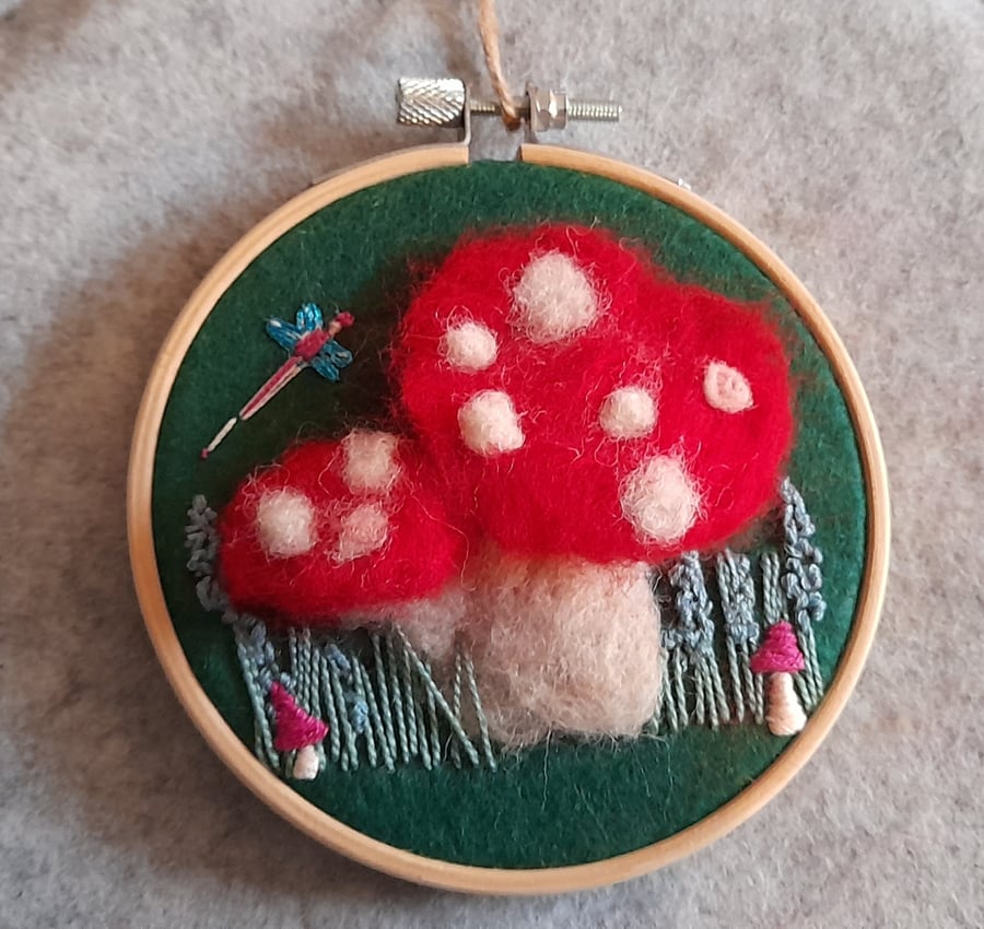 Hand felted toadstools wall art,with embroidered flowers 