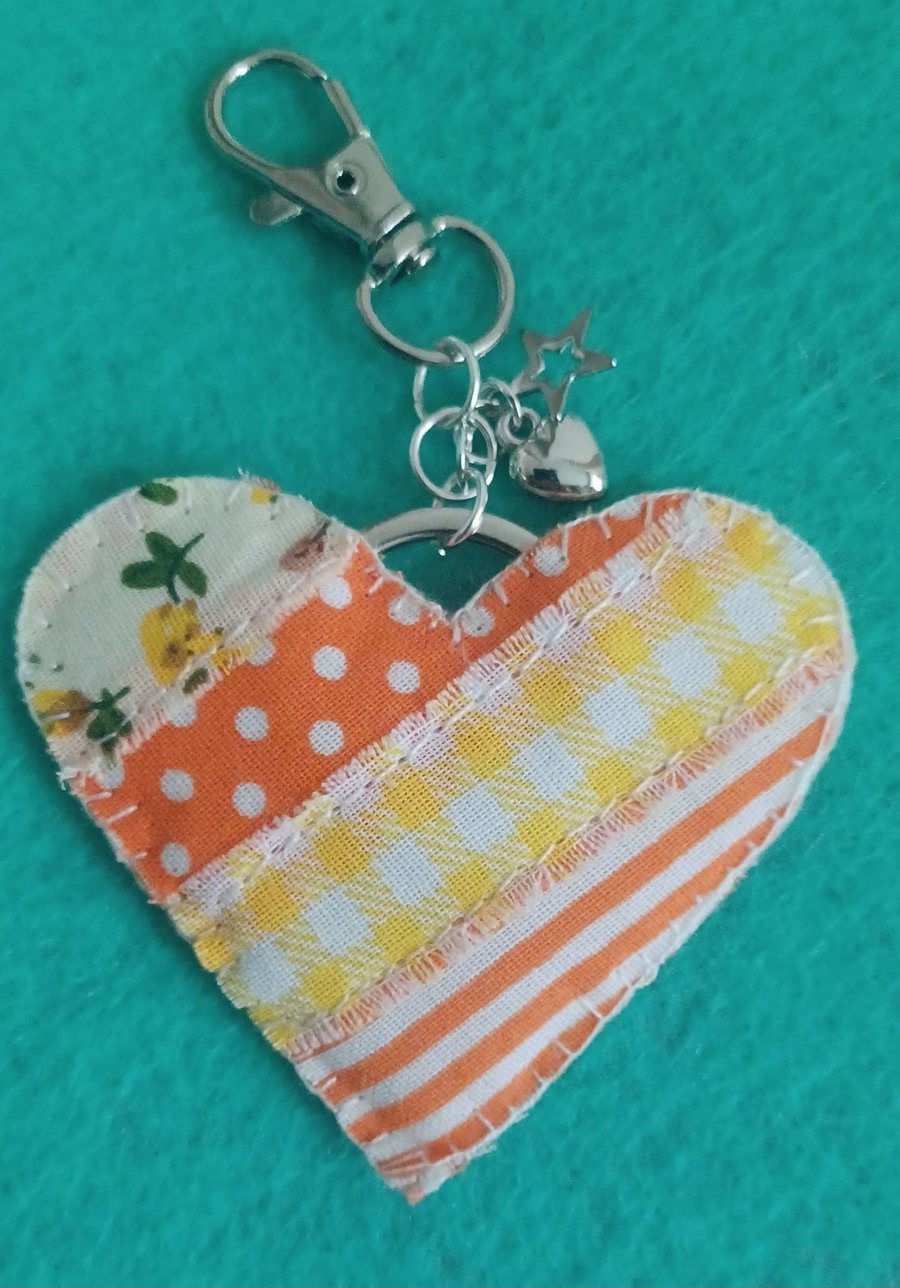 Handmade Fabric Patchwork Heart Keyring Bag Charm Orange