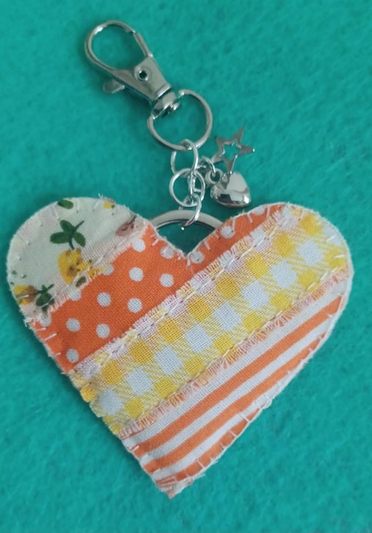 Handmade Fabric Patchwork Heart Keyring Bag Charm Orange