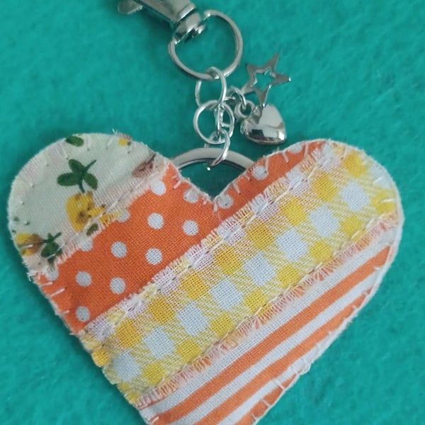 Handmade Fabric Patchwork Heart Keyring Bag Charm Orange