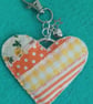 Handmade Fabric Patchwork Heart Keyring Bag Charm Orange