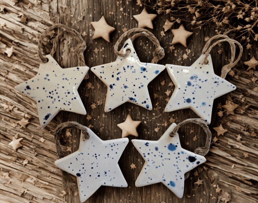 Hanging Blue Star Ceramic Set of 5. Christmas Tree Ornament Gift