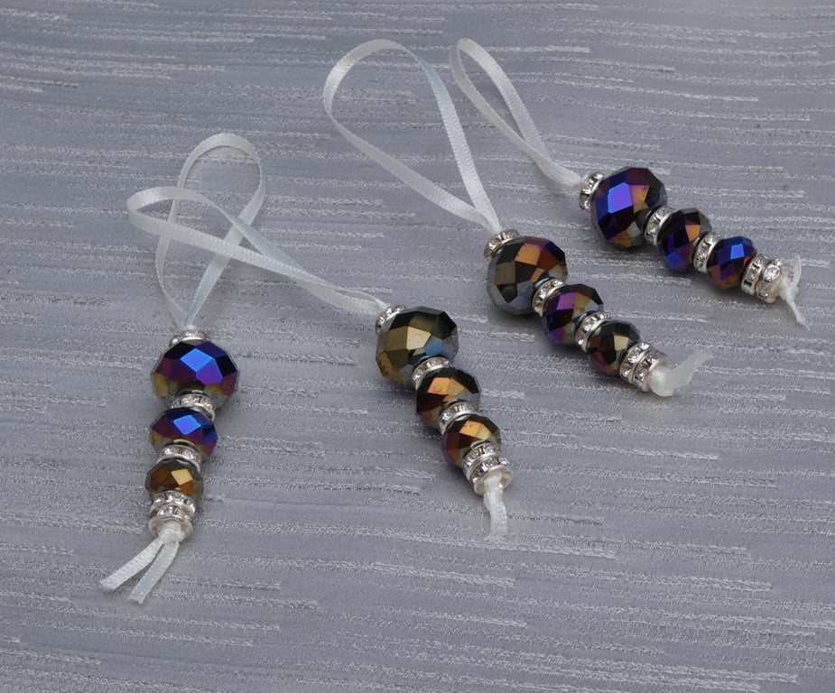 Set of 5 crystal bead Christmas tree decorations,  Aura Borealis beads, handmade