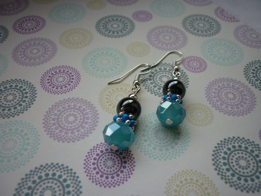 TROPICAL SEA, HEMATITE, BLUE AND SILVER EARRINGS.  996
