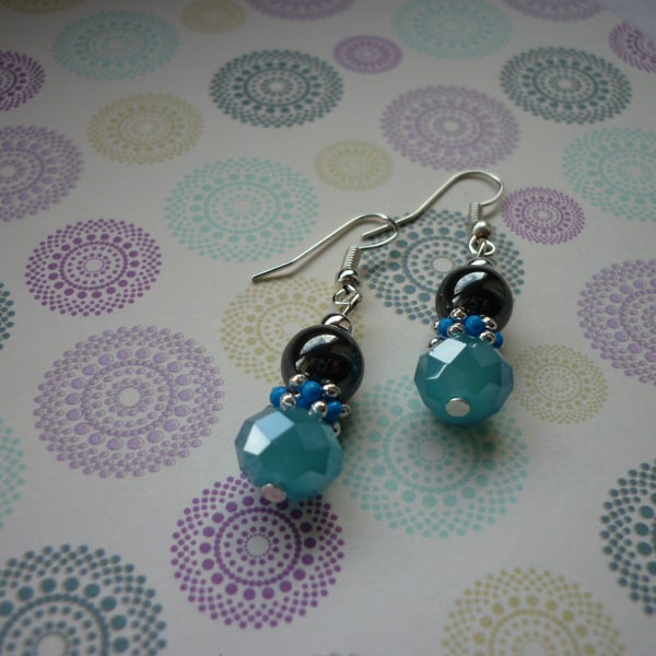 TROPICAL SEA, HEMATITE, BLUE AND SILVER EARRINGS.  996