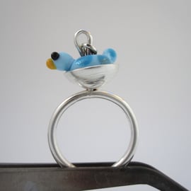 Springtime Bird Silver Ring - (made by artist maker) bird in nest