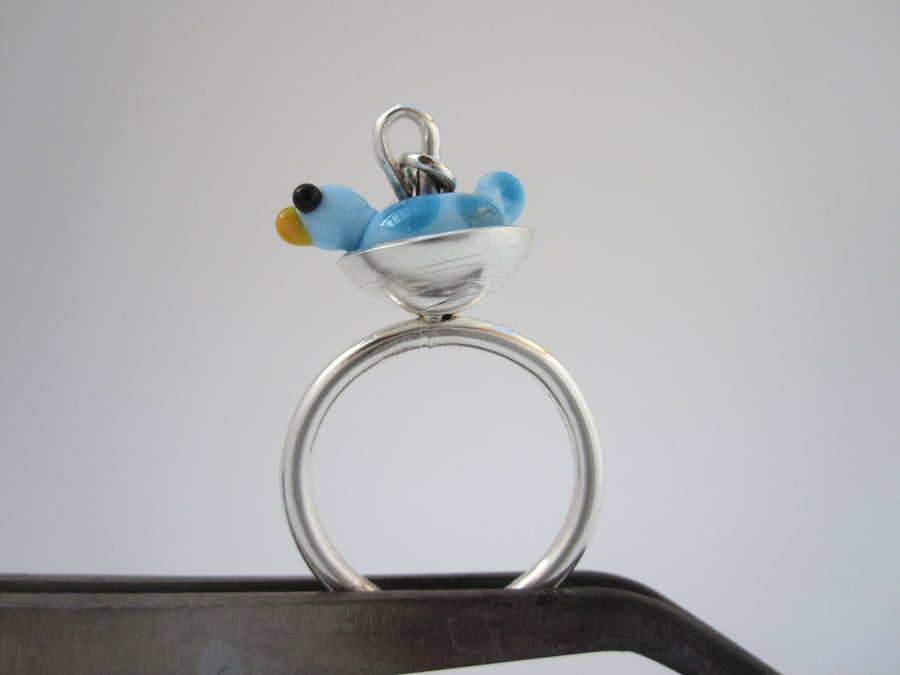 Springtime Bird Silver Ring - (made by artist maker) bird in nest