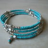 Turquoise and Silver Bead Memory Wire Bracelet