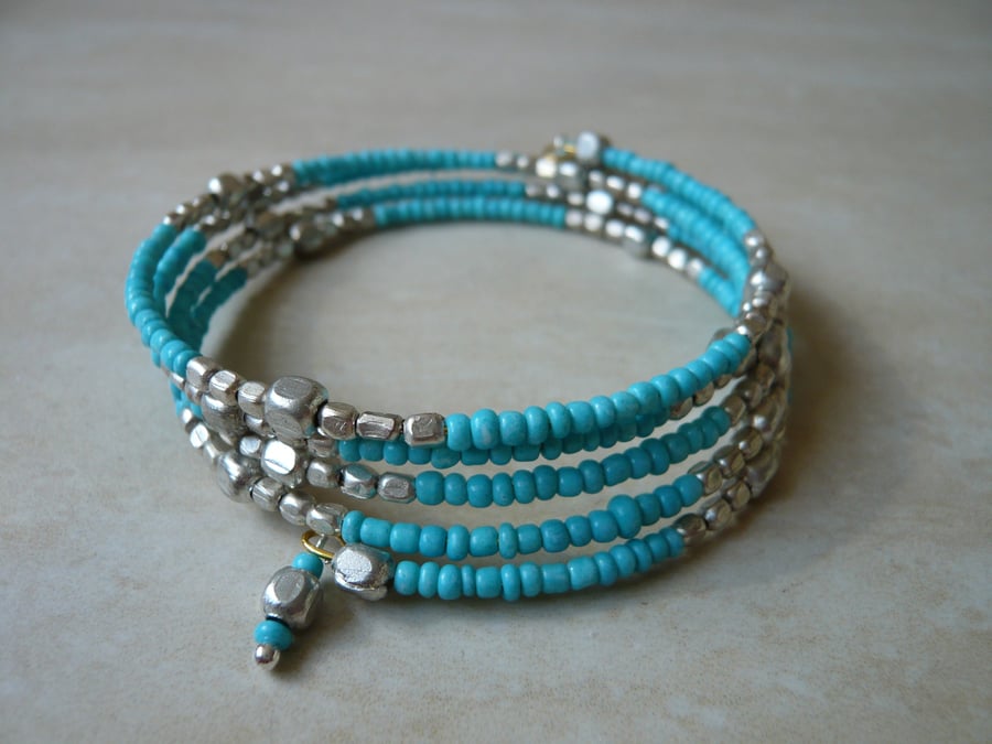 Turquoise and Silver Bead Memory Wire Bracelet