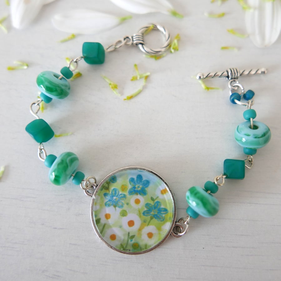 Turquoise Bracelet with Daisy and Flowers, Lampwork Beads, Art Jewellery
