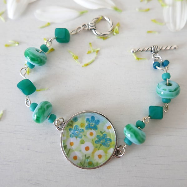 Turquoise Bracelet with Daisy and Flowers, Lampwork Beads, Art Jewellery